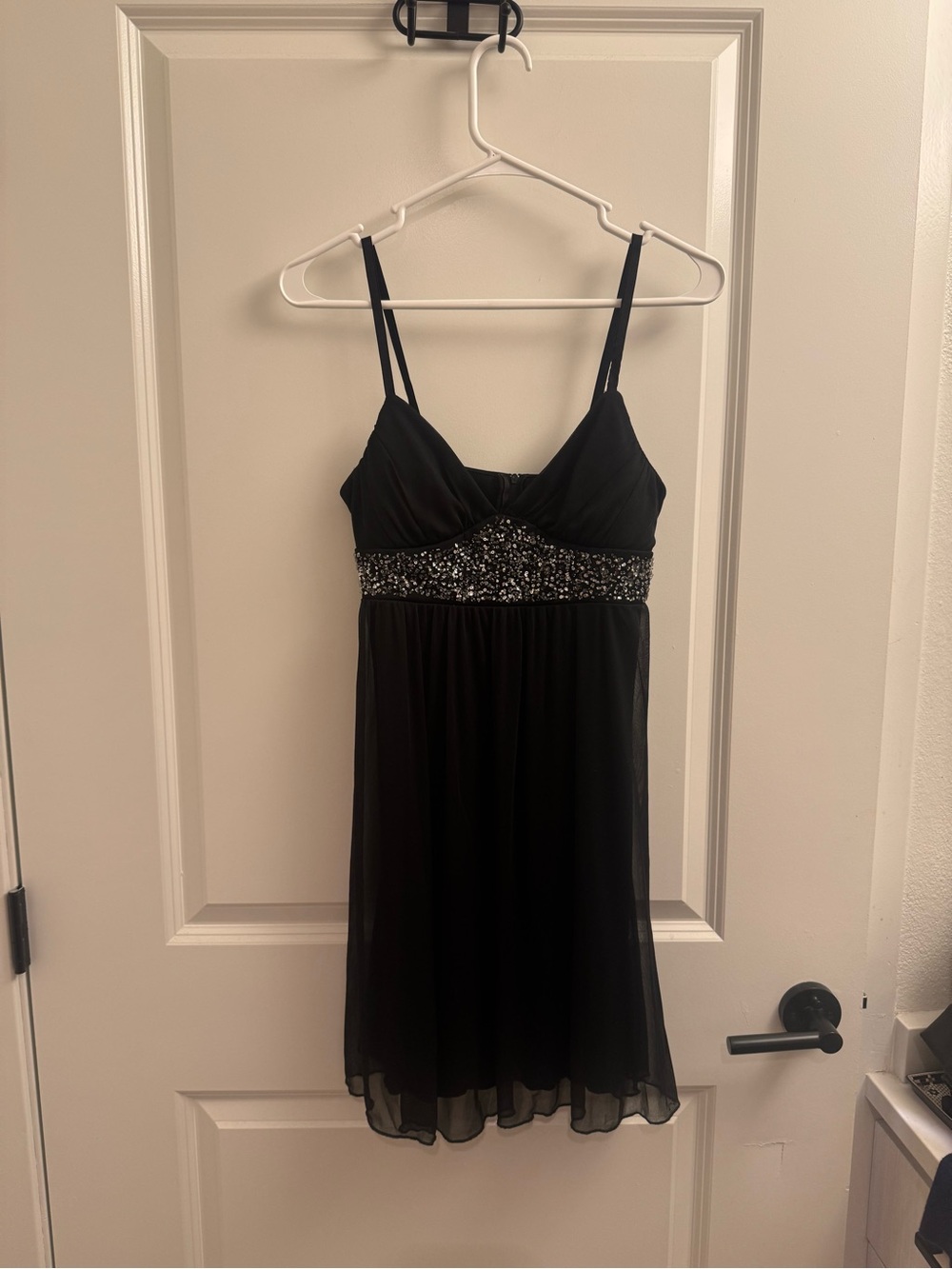 Y2K BCX Black Spaghetti Strap Mini Dress with Sequin Waistband